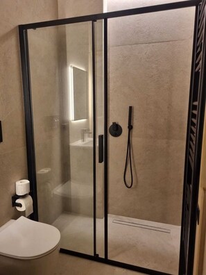 Dusche, Haartrockner, Seife, Toilettenpapier