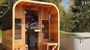 A wooden sauna with a curved roof, a glass door, and a small bench outside.