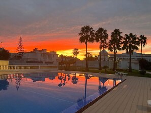 Ein Swimmingpool mit spiegelklarer Oberfläche, umgeben von Palmen und Gebäuden bei Sonnenuntergang.