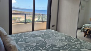 A bedroom with a bed, a ceiling fan, and a view of the ocean through a large window.