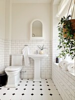 Un baño con inodoro, lavamanos y una planta colgante.