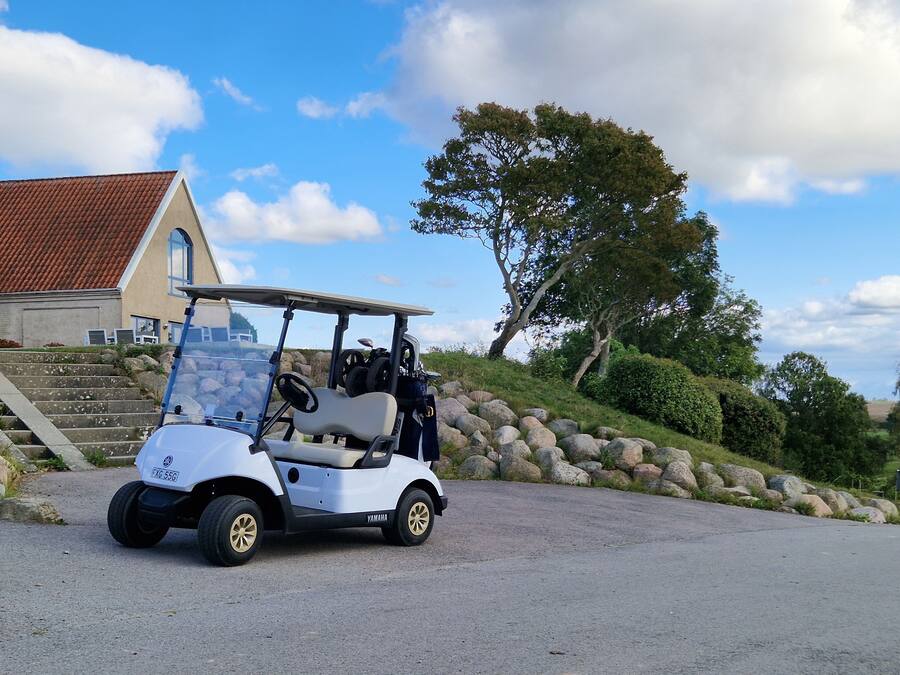 A white golf cart parked on a paved area with a house and a tree in the background.
