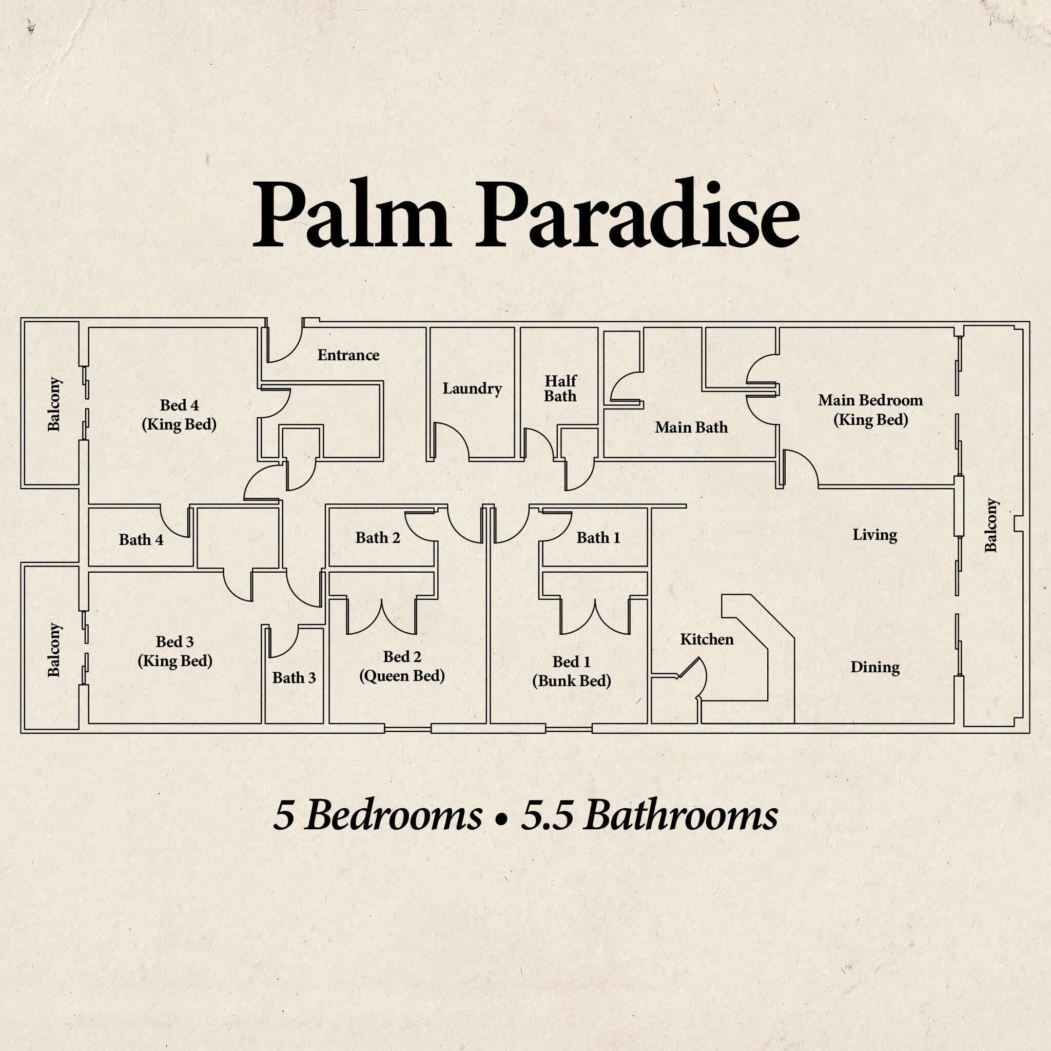 A floor plan of a hotel named Palm Paradise with 5 bedrooms and 5.5 bathrooms.