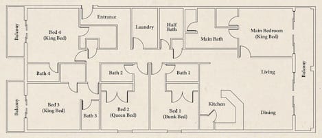 En planritning över ett hotell som heter Palm Paradise, med 5 sovrum och 5,5 badrum.
