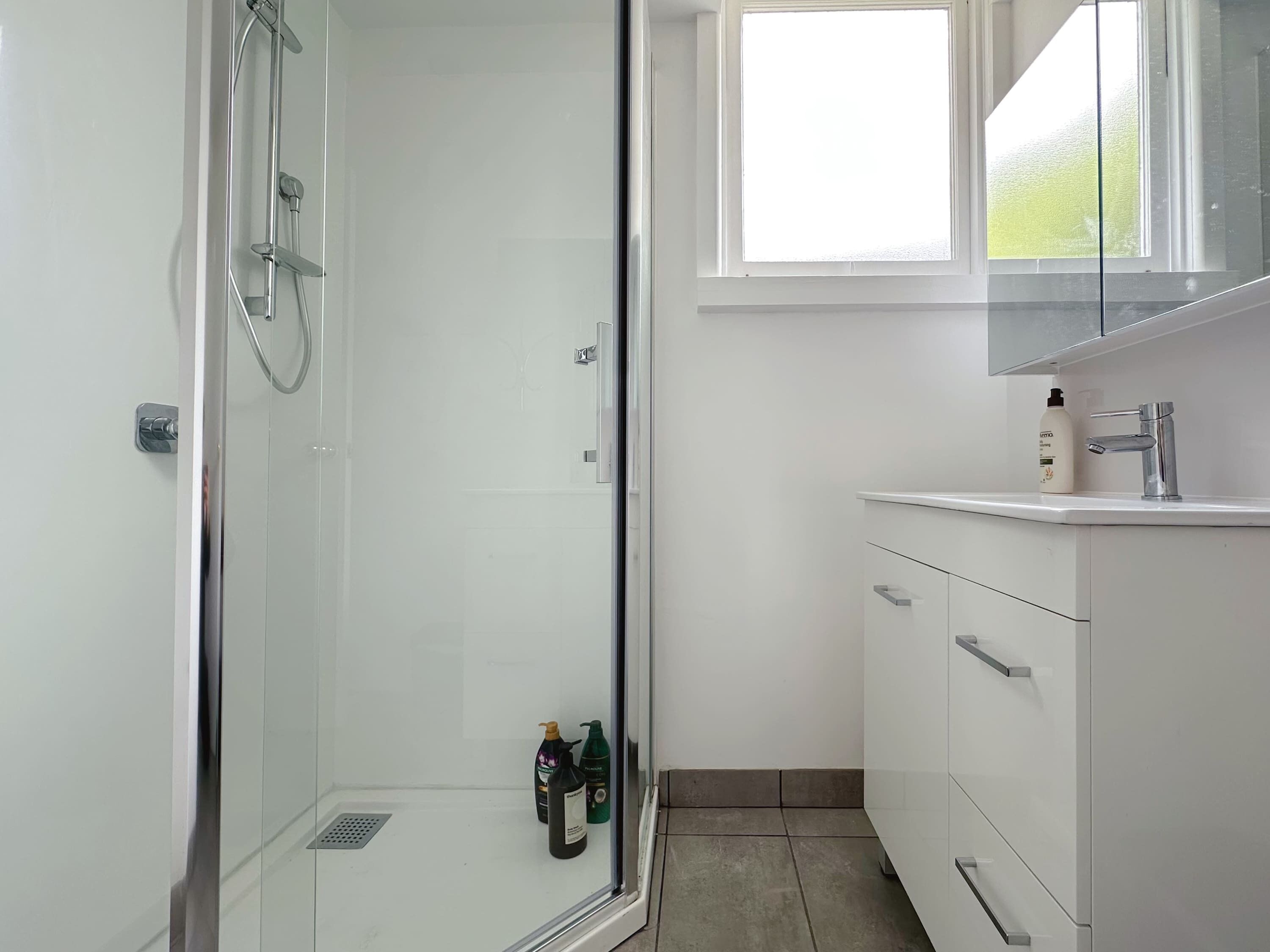 Shower, hair dryer, towels, shampoo