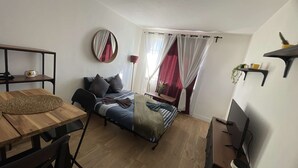 Une petite pièce comprenant un lit, une petite table, une chaise, un téléviseur et une étagère avec des plantes.