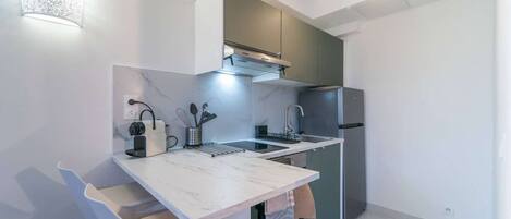Frigorífico, microondas, horno y placa de cocina