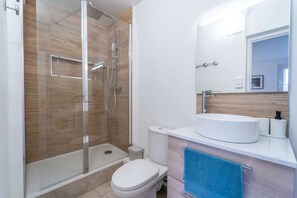 Shower, hair dryer, bidet, towels