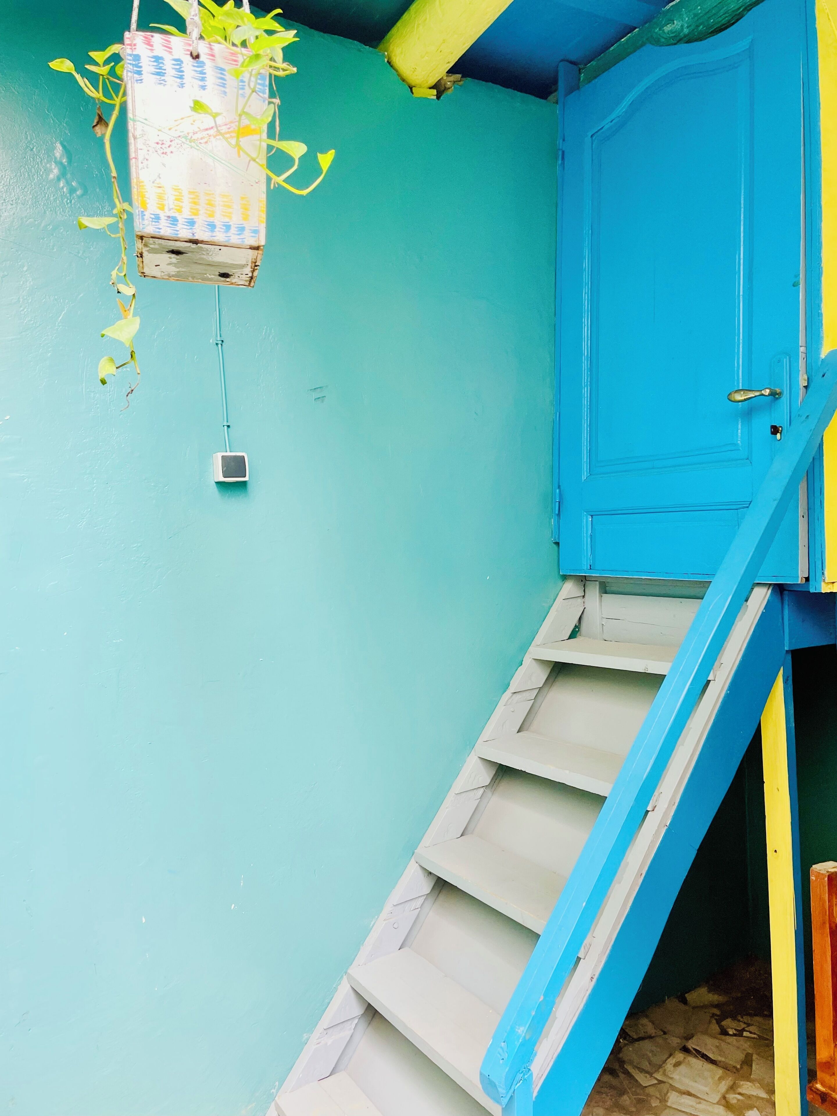 Un escalier surmonté d’une porte bleue, une plante suspendue et une petite balance.