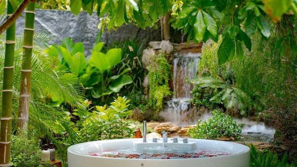 A hot tub surrounded by lush greenery and a waterfall.