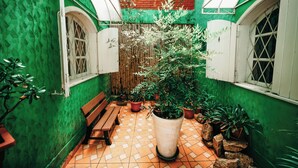A courtyard with a tiled floor, a wooden bench, potted plants, and a large planter.
