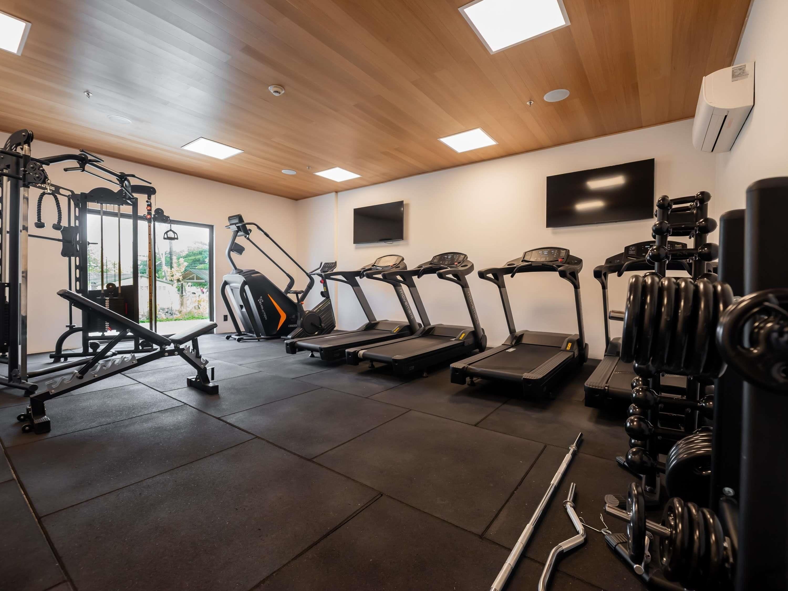 A gym with treadmills, weight machines, and a TV screen.