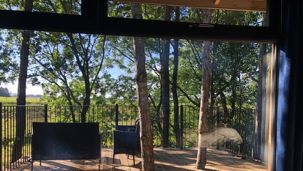 Una terraza de madera con barandas metálicas, rodeada de árboles y una zona vallada.