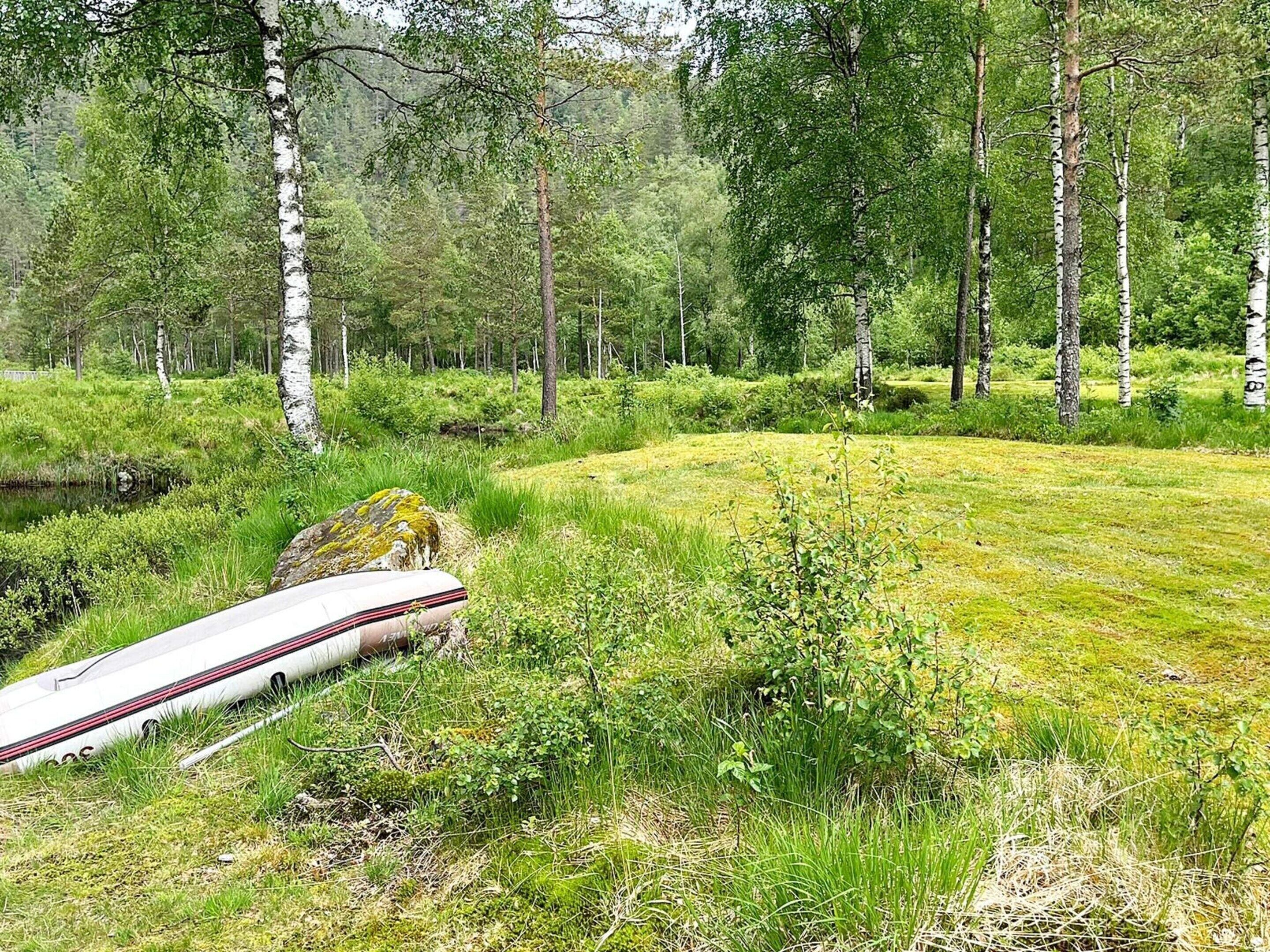 Un paysage naturel avec un canoë blanc posé sur l’herbe, près d’un petit plan d’eau.
