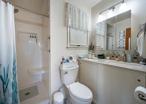 Douche, séchoir à cheveux, serviettes fournies, savon