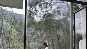 A person walking on a rock by a glass window overlooking a natural landscape. - Yakamoz qianchuan Hotel (Hangzhou)