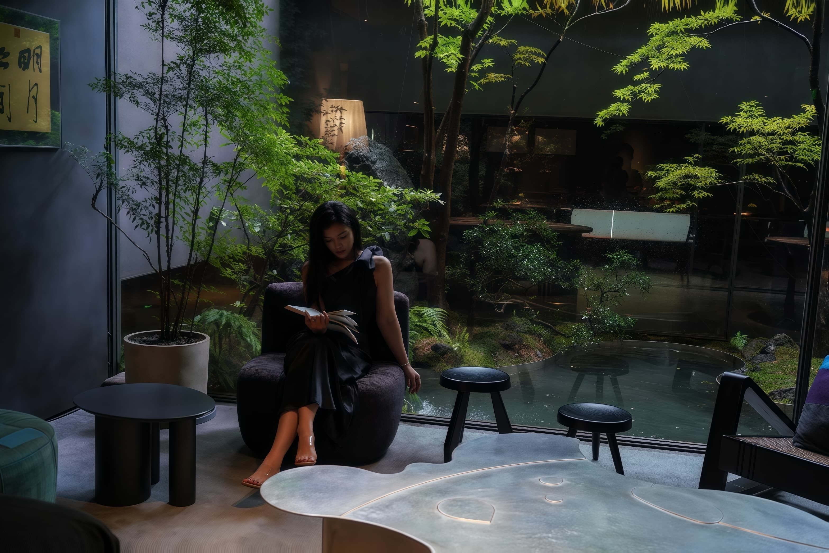 A woman sitting on a black chair in a modern indoor space with a glass table, surrounded by potted plants and a small water feature.
