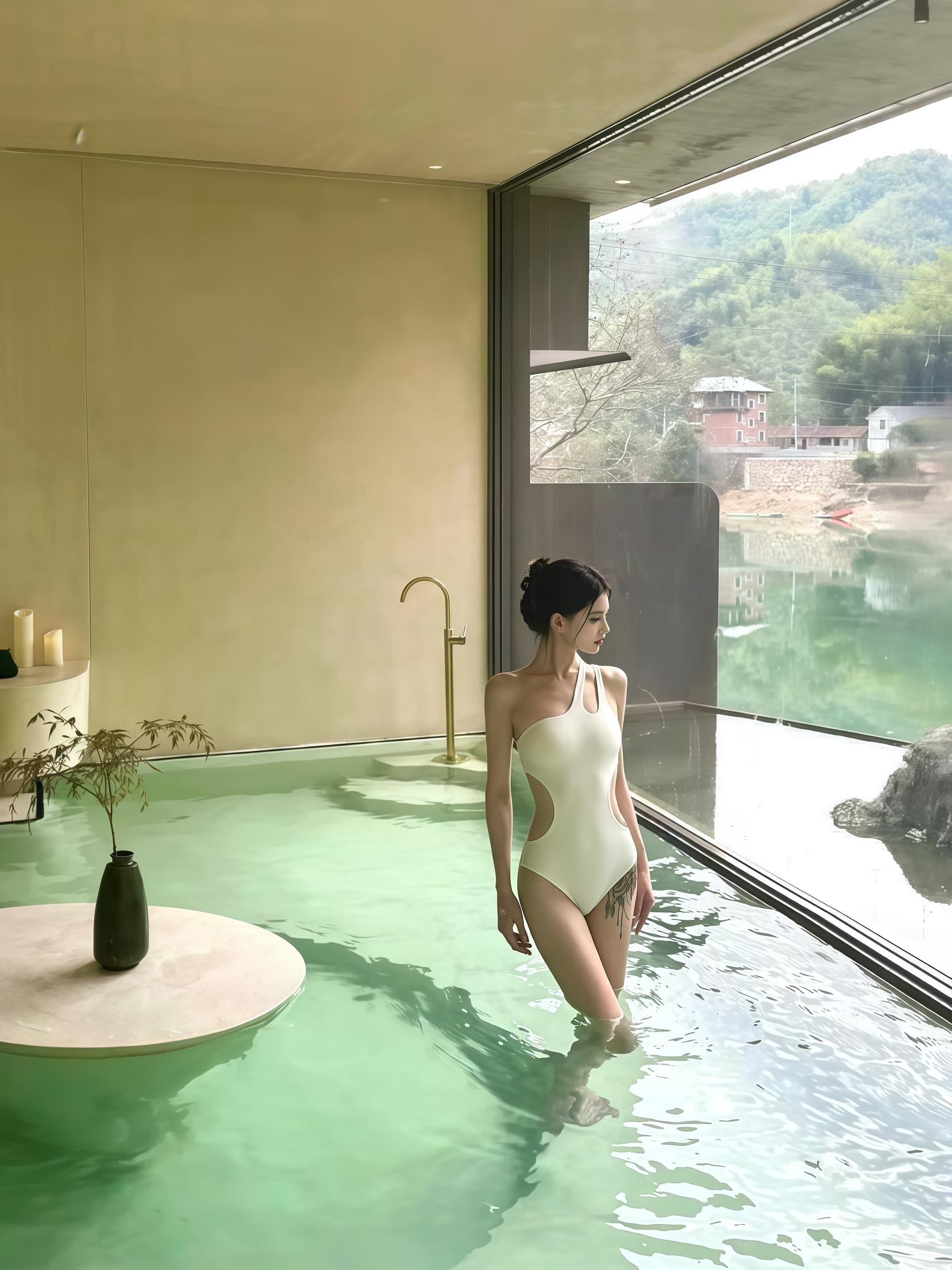 A person in a white swimsuit standing in a glass-bottomed pool with a view of a mountainous landscape.