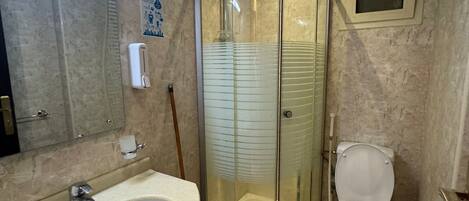 A bathroom with a curved glass shower enclosure, a toilet, and a sink with a mirror above it.