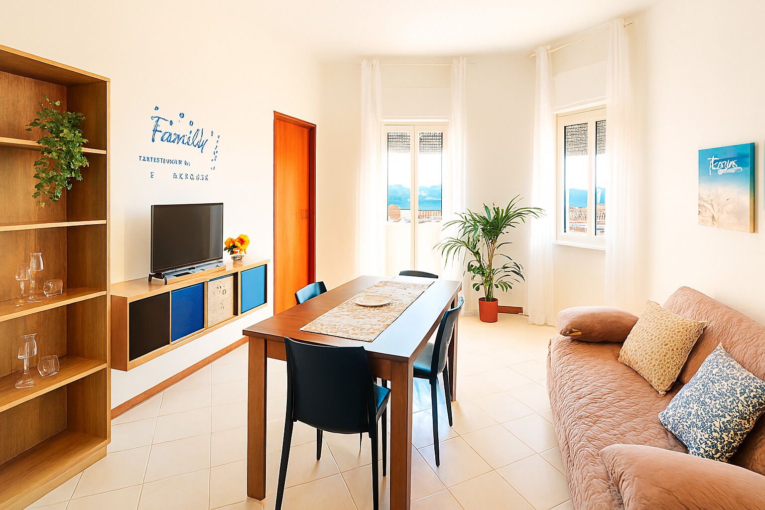 Een moderne woonkamer met een houten eettafel, zwarte stoelen, een bank met gekleurde kussens, een televisie op een houten kast, en een groot raam met uitzicht.
