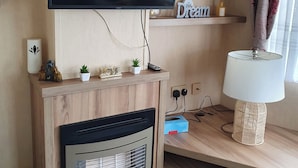 Ein modernes Wohnzimmer mit Flachbildfernseher an einer Holzwand, Kamin, Lampe und einem Regal mit Dekorationsobjekten.