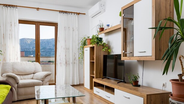 Een moderne woonkamer met een bank, een glazen salontafel, een televisie op een houten dressoir en potplanten.