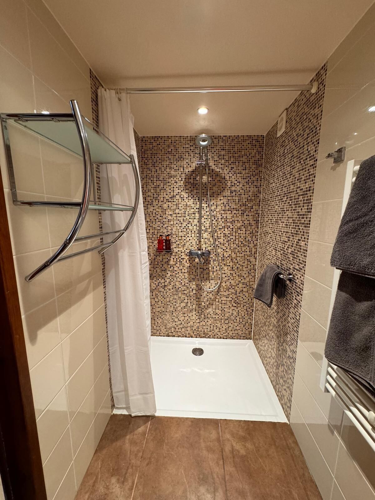 A small, tiled shower room with a showerhead, a glass shelf, and a towel rack.