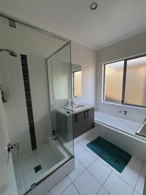 Hair dryer, towels, soap, toilet paper