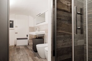 Shower, hair dryer, bidet, towels