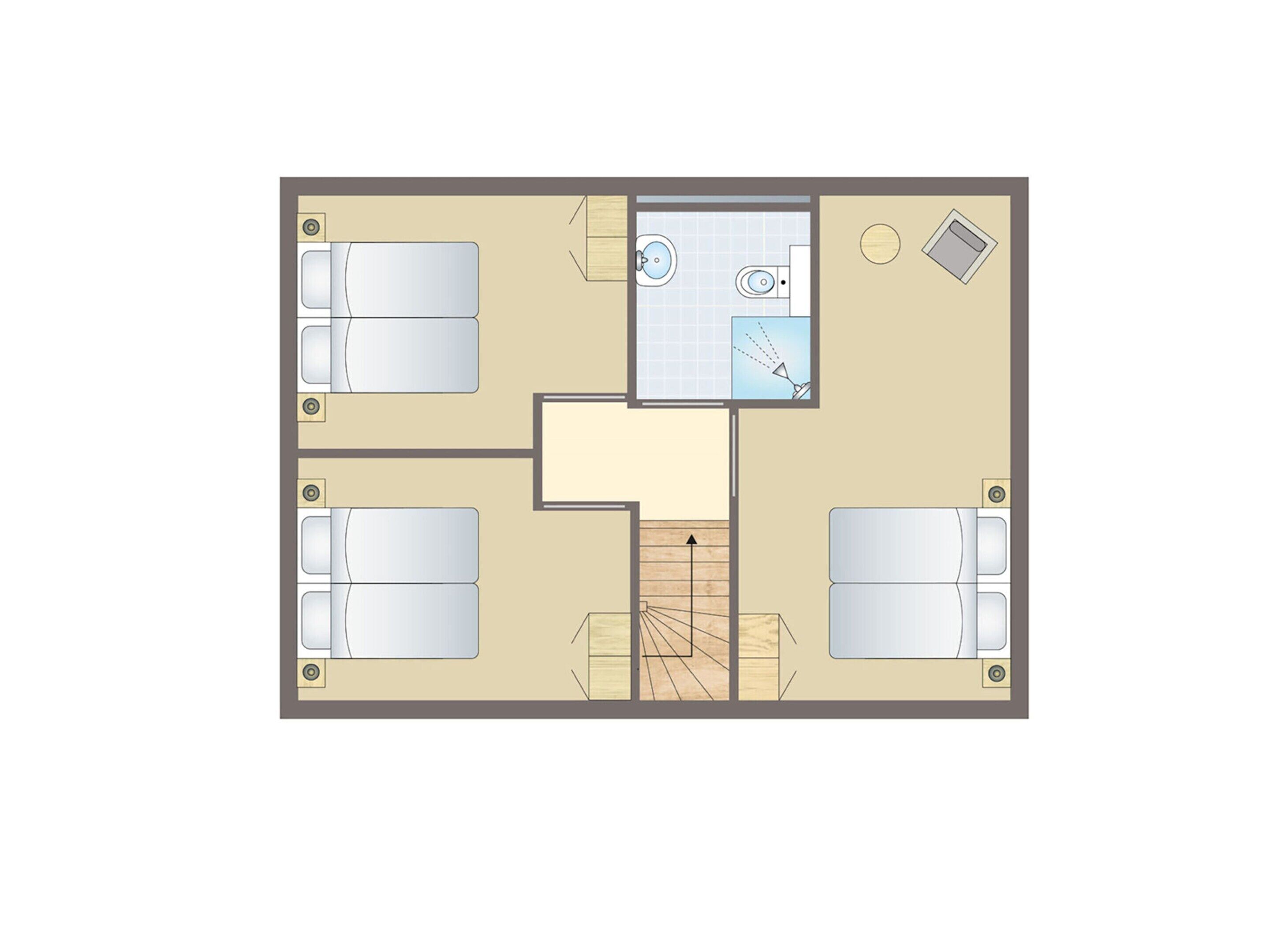 A floor plan of a hotel room with two beds, a bathroom, and a small sitting area.