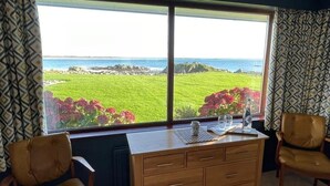 Una habitación con un ventanal que ofrece vistas a un campo verde y al mar. Se observa un aparador de madera con cajones y una silla.