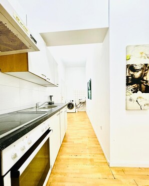 A narrow kitchen with a stove, sink, and washing machine. - 10 Economy Rooms-Shared Bath & Kitchen (Vienna)