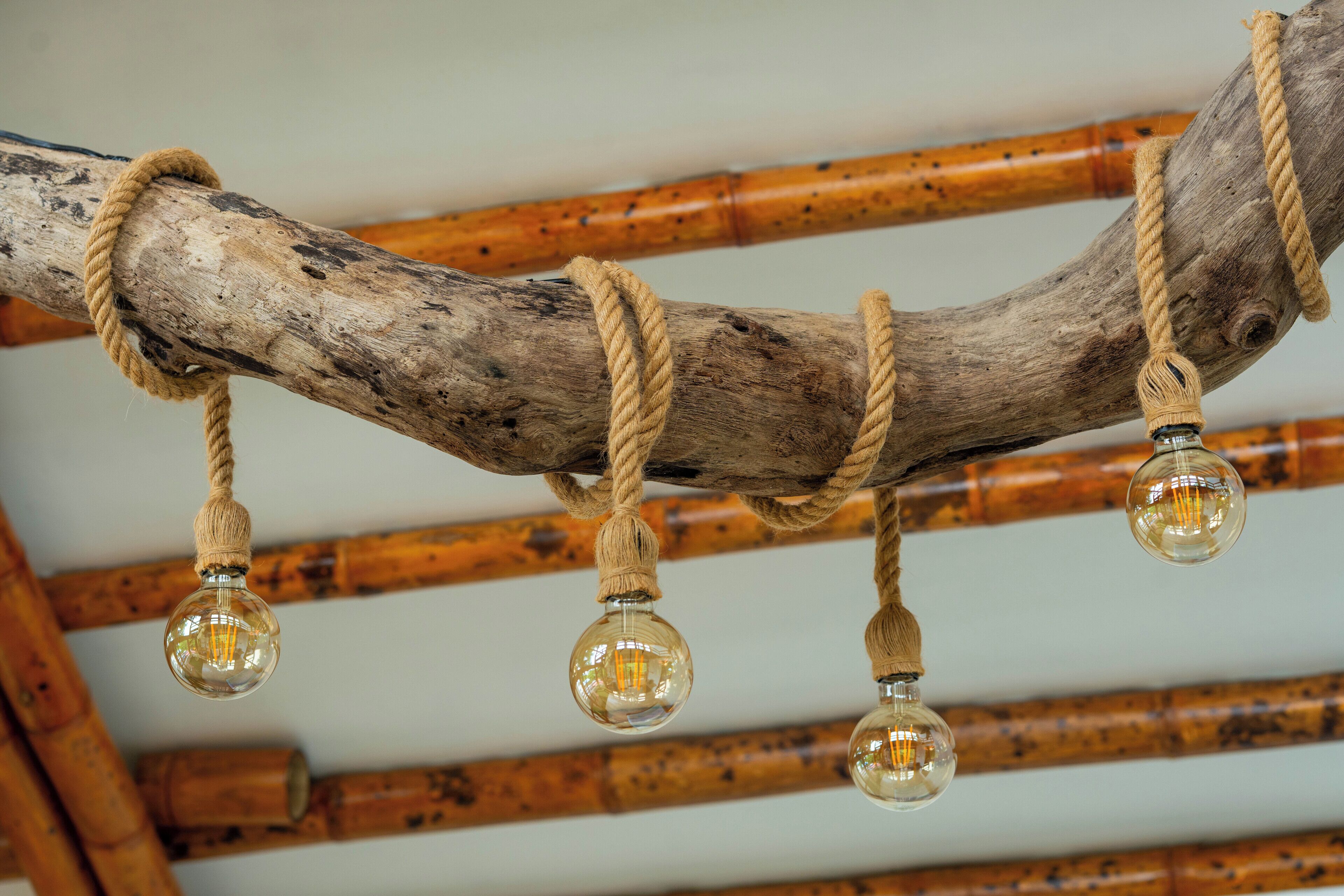 A rustic wooden branch with ropes and light bulbs.