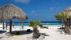 Ein Strand mit reetgedeckten Sonnenschirmen und Palmen.