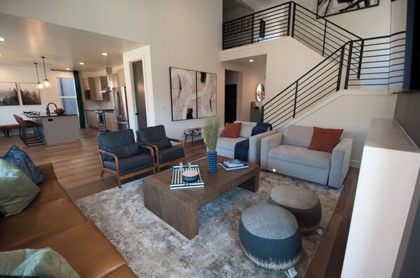 Smart TV, fireplace, books