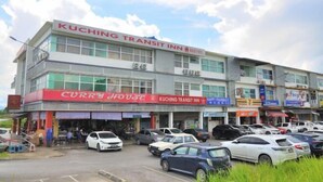A multi-story building with signage for 'KUCHING TRANSIT INN' and 'CURRY HOUSE'. There are several parked cars in front. - Kuching Transit Inn (Kuching)