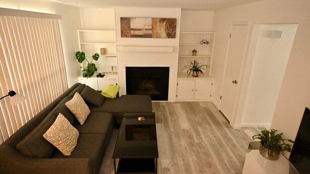 A living room with a sofa, coffee table, fireplace, and shelves with plants.
