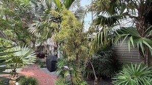A garden pathway with a brick surface, surrounded by various tropical plants and a black trash bin. - Pelican Suite | Cozy Cottage, Hot Tubs, Close to D (Key West)