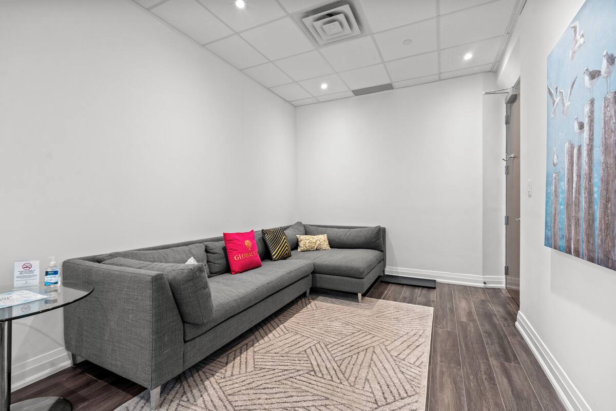 A modern, well-lit room with a grey sectional sofa, a patterned rug, and a painting on the wall.
