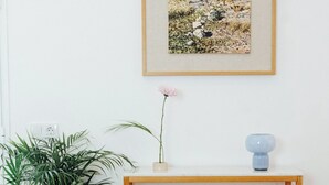 A room with a wooden console table, a framed artwork, a potted plant, and a patterned rug.