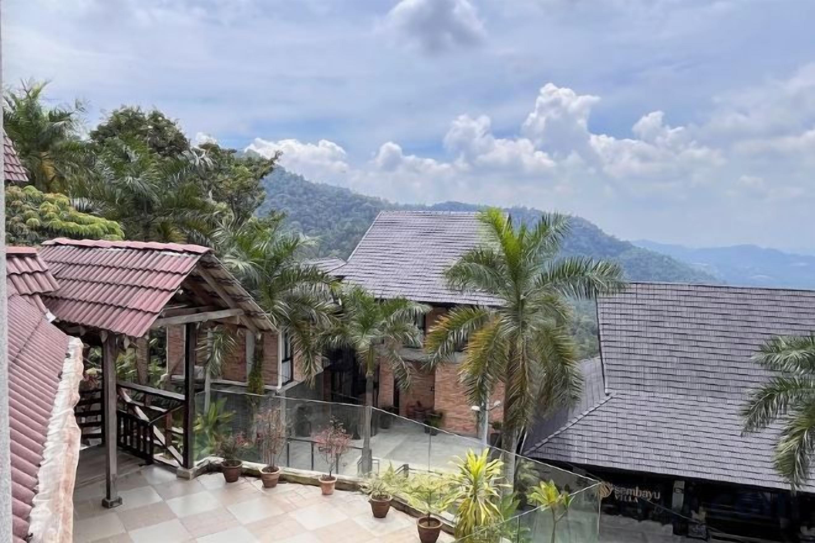 A residential area with a balcony, potted plants, and a mountain view.