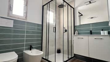 Shower, hair dryer, bidet, towels