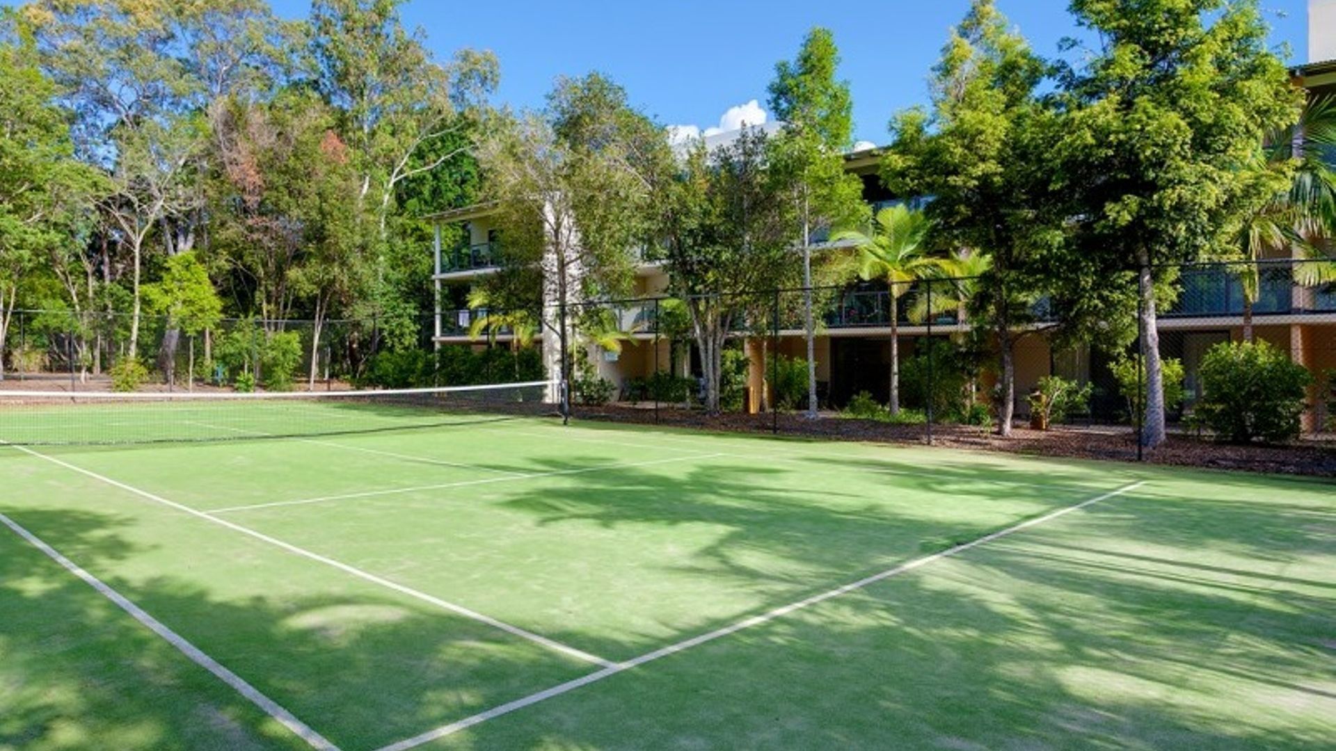 Un court de tennis entouré d’arbres et d’immeubles.