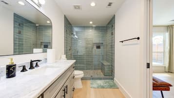 Hair dryer, towels, soap, shampoo