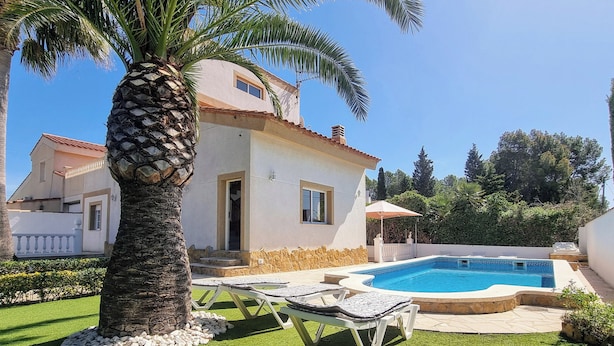 Una casa con piscina, una palmera y un césped bien cuidado.