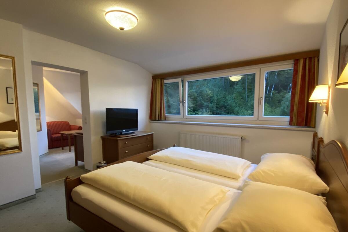 Una habitación de hotel con cama, televisión, escritorio y ventana con cortinas.