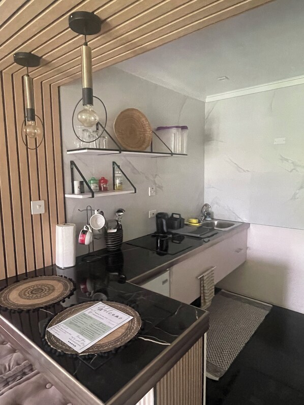 Fridge, microwave, stovetop, electric kettle