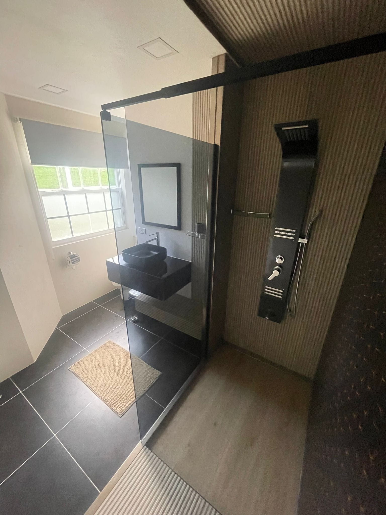 Shower, towels, soap, toilet paper