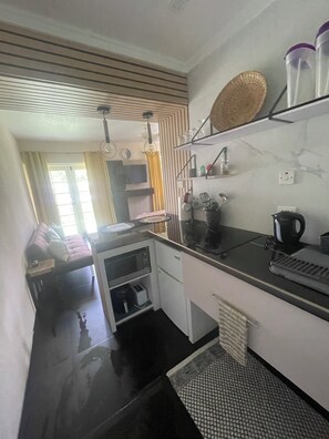 Réfrigérateur, micro-ondes, plaque de cuisson, bouilloire électrique