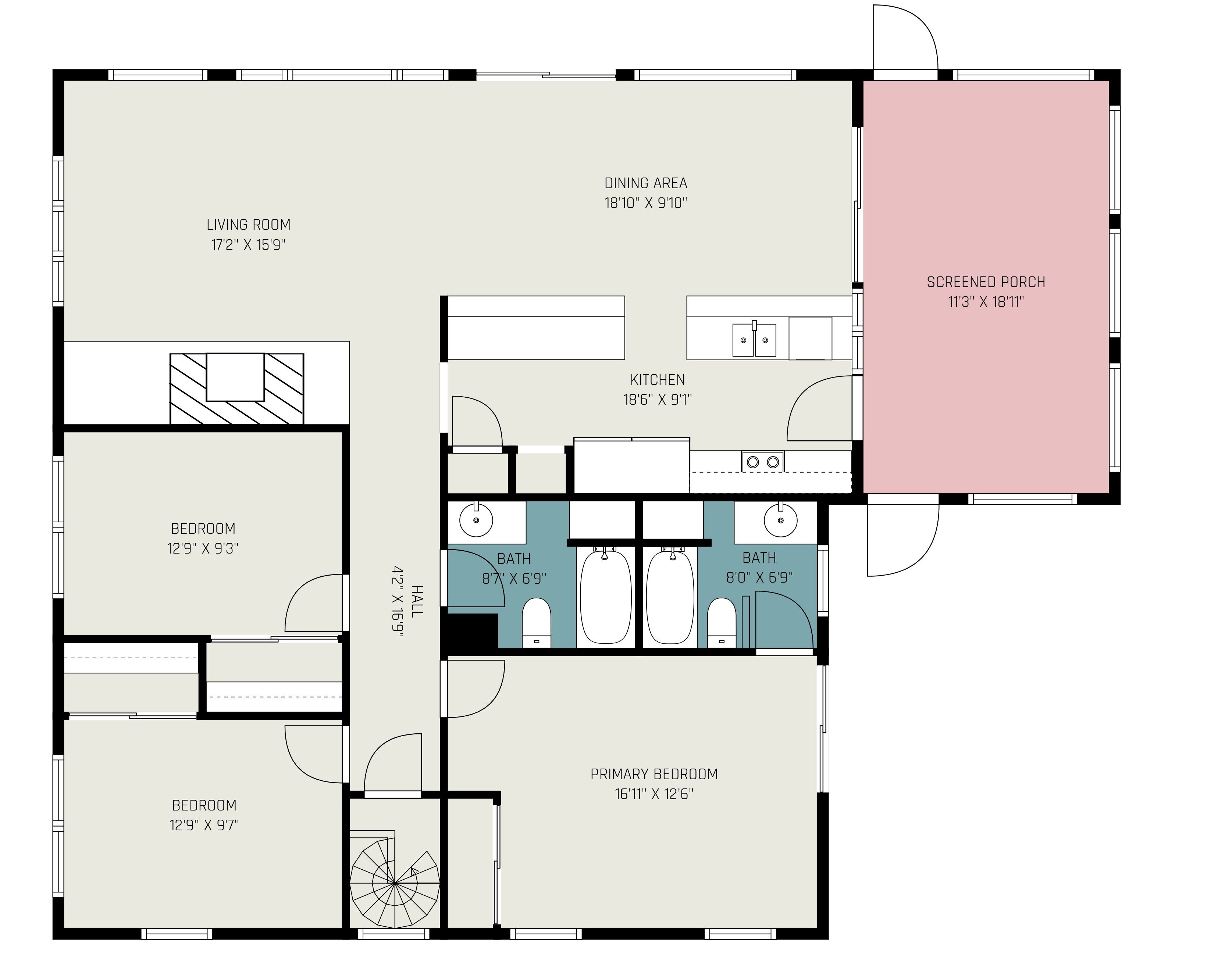 A floor plan of a house with a living room, dining area, kitchen, two bedrooms, two bathrooms, and a screened porch.